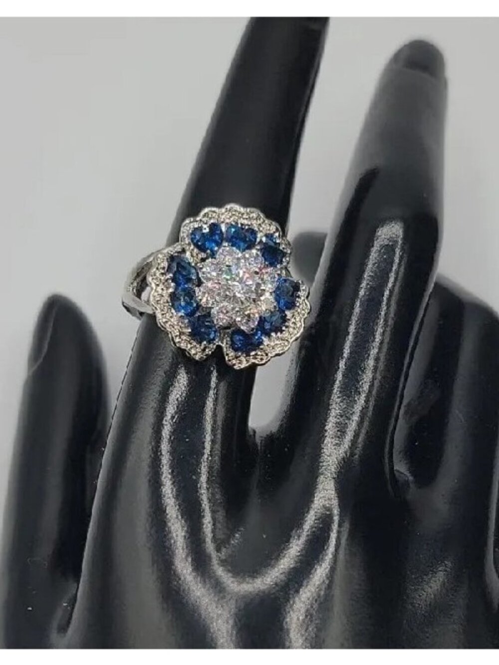 Sterling Silver Crystal Flower Ring Blue Clear Stones 925 Ruffled Petals SZ 9 - Picture 2 of 16
